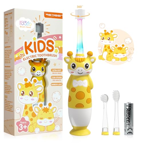 Toddler Electric Toothbrush, Baby Ages 3+ Battery Powered with Unique 360 Brush Head, Gentle Soft Bristles with Timer and LED Light, Vibrating Kids Toothbrush for Girls Boys (Giraffe) Yellow