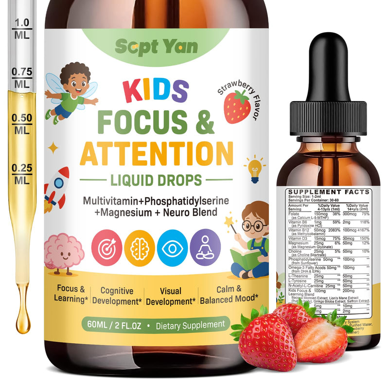 Kids Focus and Attention Supplements with Phosphatidylserine, Omega-3, Magnesium Glycinate, L-Theanine, Choline & Lutein – Kids ADHD Brain Liquid Drops for Memory, Calm Mood & Learning, Strawberry 2oz