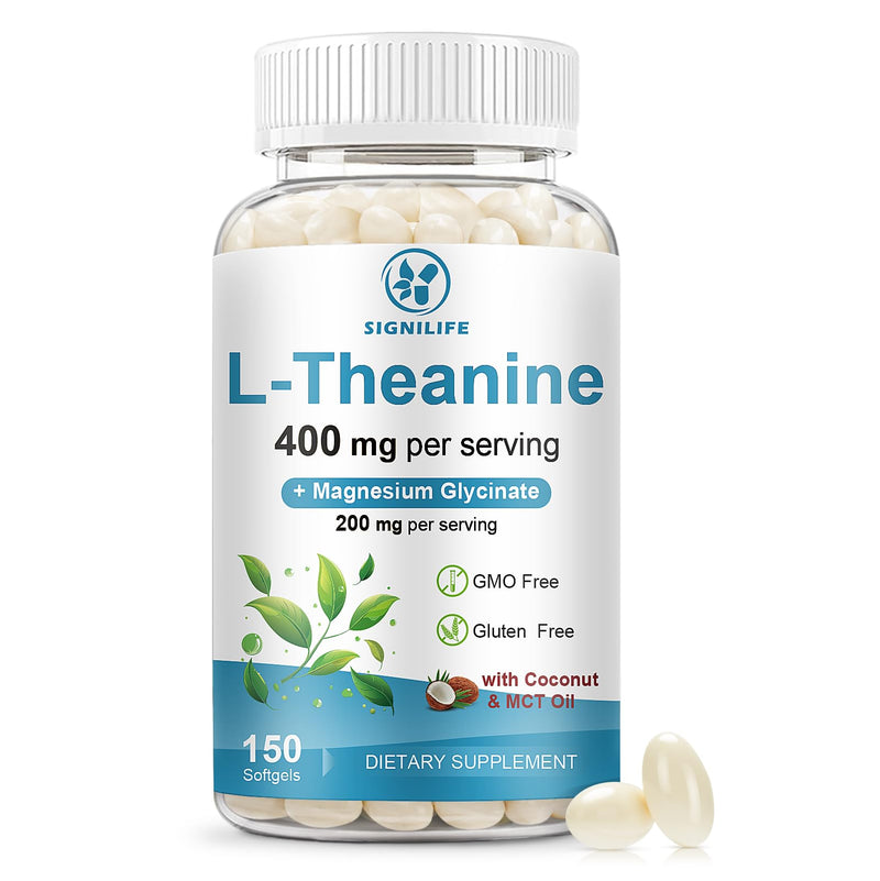 L-Theanine 400mg with Magnesium Glycinate,150 Softgels | Extra Strength with MCT Oil for Calm, Relaxation & Focus Support - Non-GMO,Gluten & Soy-Free,75-Day Supply 150 Count (Pack of 1)