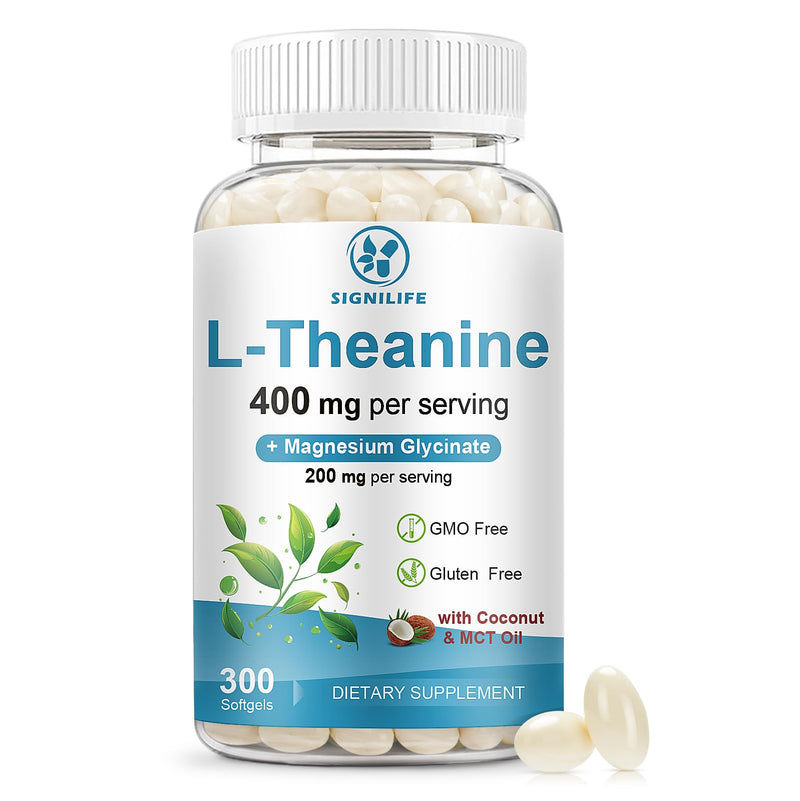 L-Theanine 400mg with Magnesium Glycinate,300 Softgels | Extra Strength with MCT Oil for Calm, Relaxation & Focus Support - Non-GMO,Gluten & Soy-Free,150-Day Supply 300 Count (Pack of 1)