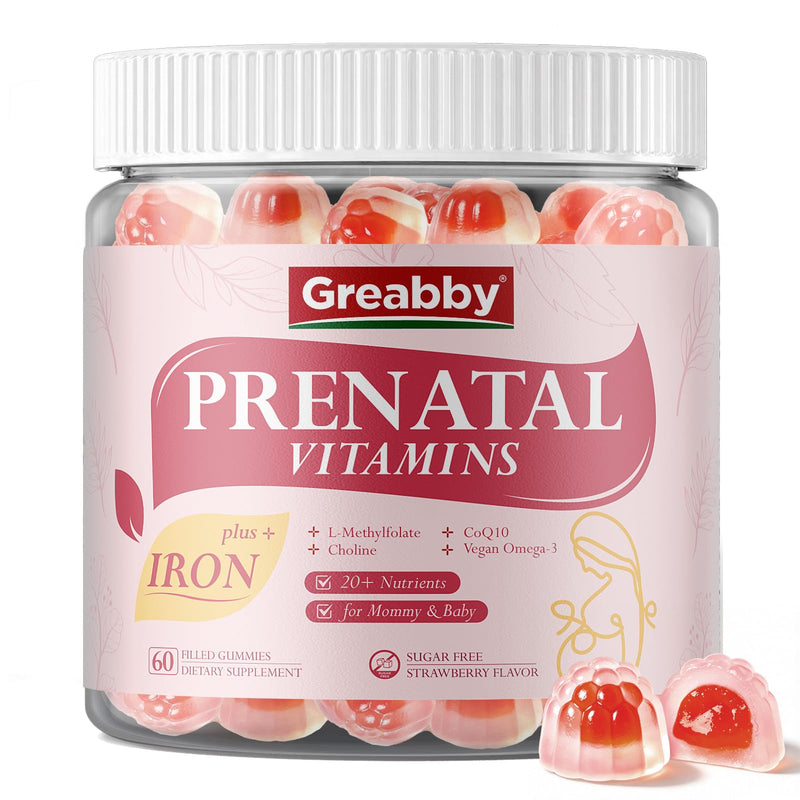 Prenatal Vitamins for Women, Choline Prenatal Gummies with Iron, Omega 3 | Women’s Multivitamin, L-Methylfolate, CoQ10, Prepare / Pregnancy / Postnatal for Mom & Baby, Sugar Free 60 Gummies