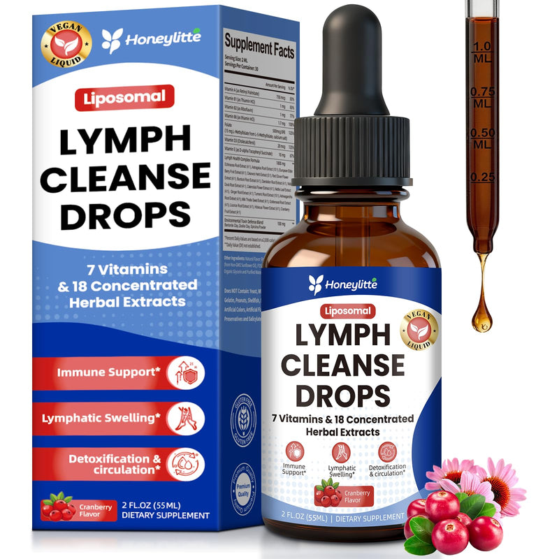 Lymphatic Drainage Drops 1800mg - 18 Herbal Extracts with Echinacea, Astragalus 10:1, Turmeric 10:1 & 7 Vitamins - Immune & Circulatory Support - Vegan, Non-GMO - 55ml