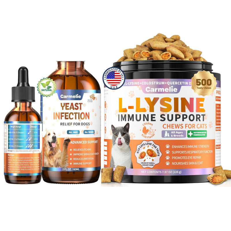 Dog Yeast Relief Drops & Cat Lysine Chews Bundle – Yeast & Itch Relief for Dogs + Immune & Respiratory Support Chews for Cats