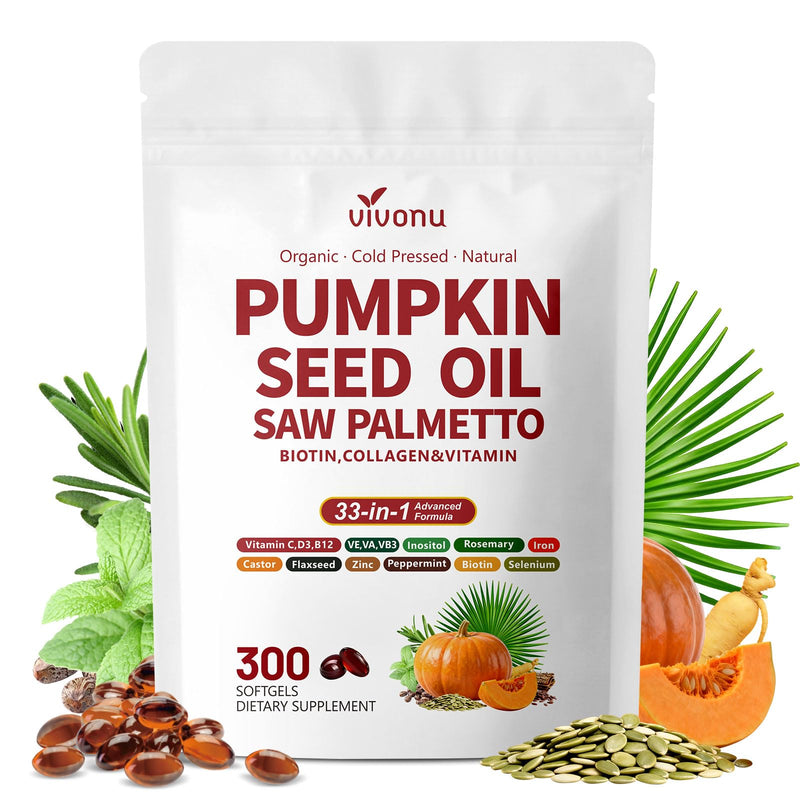 VivoNu Pumpkin Seed Oil with Saw Palmetto Capsules, 300 Count | 33 in 1 Vitamin C D3 B12 E A, Castor, Zinc, Biotin, Iron, Peppermint | Hair Growth & DHT Blocker for Women Men 300count/1bags