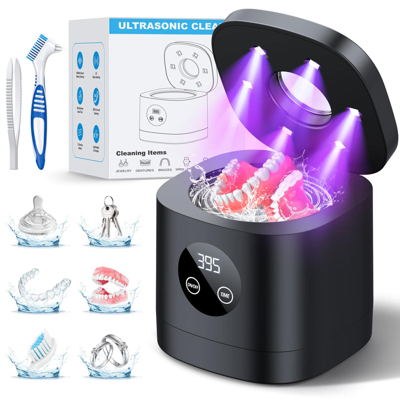 TEBAL Ultrasonic Retainer Cleaner Machine, 52kHz Ultrasonic Denture Cleaner for Mouth Guards, Braces, Toothbrush Heads, Jewelry, Dental Ultrasonic Cleaner with 250ML Capacity & Cleaning Brush, Black