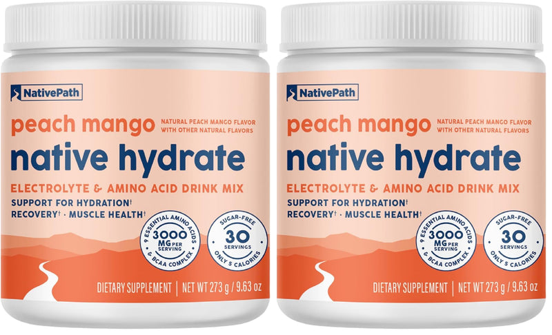 NativePath Native Hydrate, Zero Sugar, Electrolytes Powder with BCAAs, Peach Mango Hydration, Keto & Paleo Friendly, 30 Servings (Pack of 2) 9.63 Ounce (Pack of 2)
