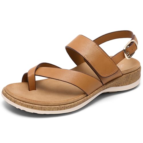 Littleplum Women's Orthopedic Arch Support Sandals Comfortable Thong Flip Flops Adjustable Ankle Strap Open Toe Walking Flat Sandals 8 Classic Brown