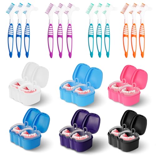 24 Pack Denture Cases and Brushes with Strainer Baskets for Travel