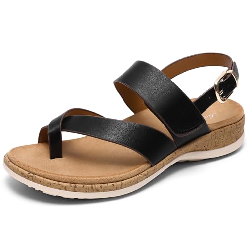 Littleplum Women's Orthopedic Arch Support Sandals Comfortable Thong Flip Flops Adjustable Ankle Strap Open Toe Walking Flat Sandals 8.5 Classic Black