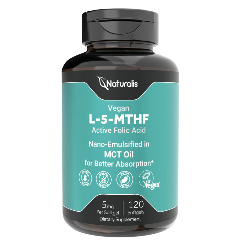 Naturalis Vegan L-5-MTHF 5mg (8300mcg DFE) 120 Softgels | Active Folate | Bioactive L-5-MTHF, the active folate, designed to support cognitive function, healthy methylation, and energy production.* 120 Count (Pack of 1)