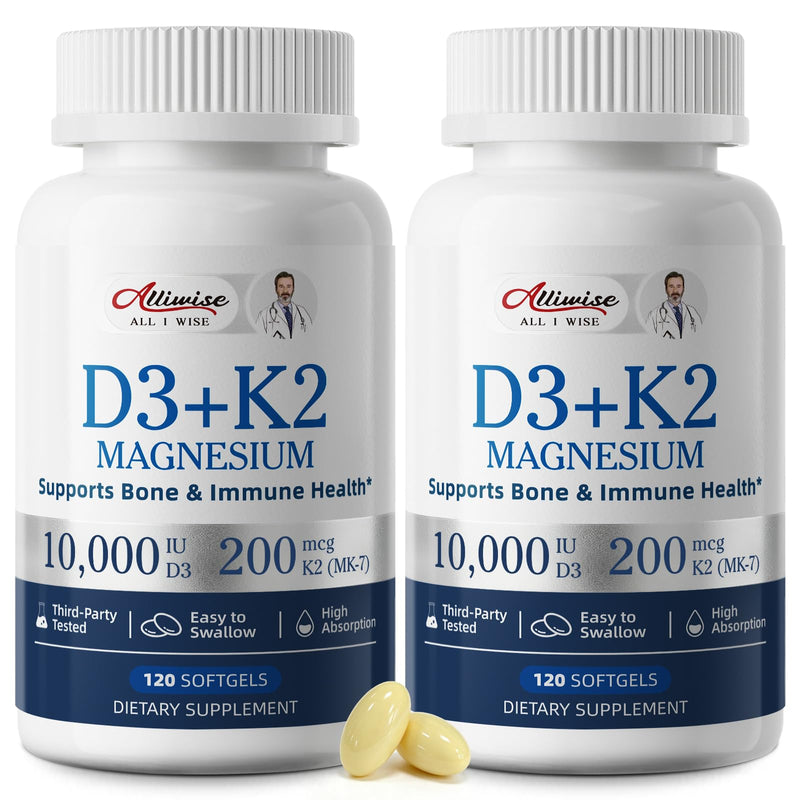 Alliwise D3 K2 Vitamin 10000 IU with Magnesium Complex Softgels, 240 Count | D3 K2 Magnesium Complex + 200mcg K2 MK-7 - High Potency Supports Calcium, Immune & Sleep Health,Gluten-Free 240 Count (Pack of 1)