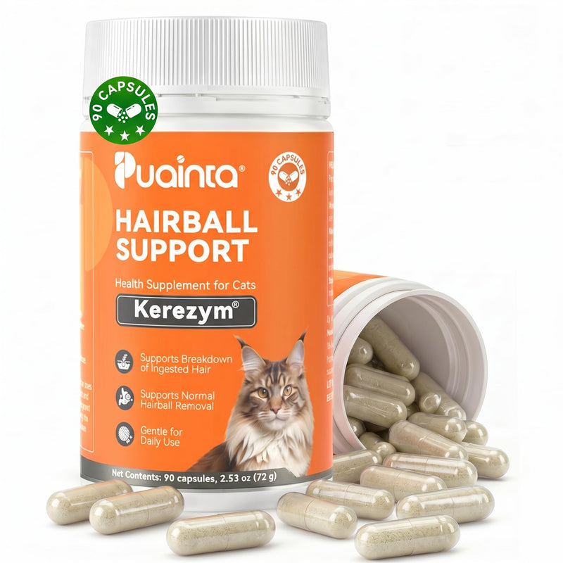 PUAINTA Cat Hairball Control – Alternative to Hairball Gel & Paste, Hairball Remedy for Cats, No Mineral Oil, Easy Capsule Supplement for Hairball Relief, Reduce Shedding, Skin & Coat (90 Count) 90 Count