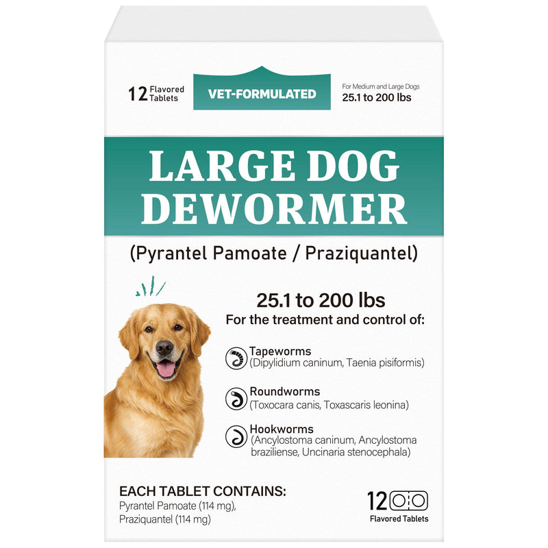 De-Wormer for Dogs, Oral Treatment for Tapeworm, Roundworm & Hookworm in Large Dogs & Puppies (Over 25 lbs), Worm Remover (Praziquantel & Pyrantel Pamoate), 12 Tablets