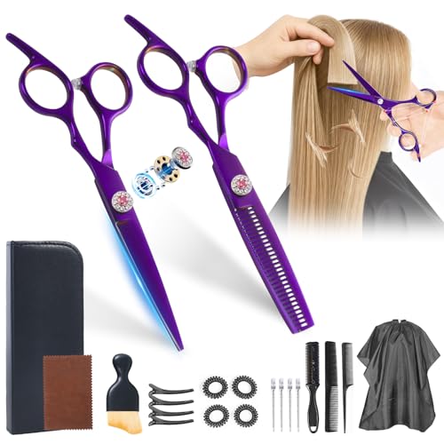 21Pcs 440C Hair Cutting Scissors Kit, Hair Scissors & Thinning Scissors Set Purple