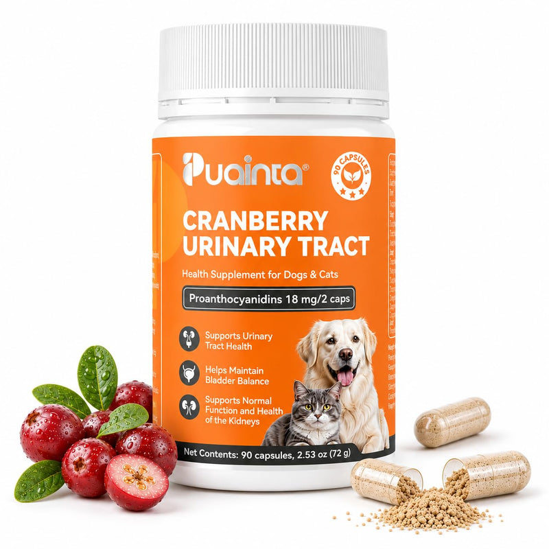 PUAINTA Cranberry Urinary Tract Support for Dogs & Cats | 18mg Active PACs + 50mg D-Mannose | UTI & Bladder Wellness Supplement for Pets | 90 Count 90 Capsules