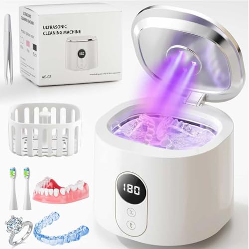 Ultrasonic Retainer Cleaner, 48kHz Dental Cleaning Pod with Digital Timer & 200ML Capacity for Dentures, Aligners, Night Guards,Mouth Guards, Braces, Toothbrush Heads &Jewelry (White) White
