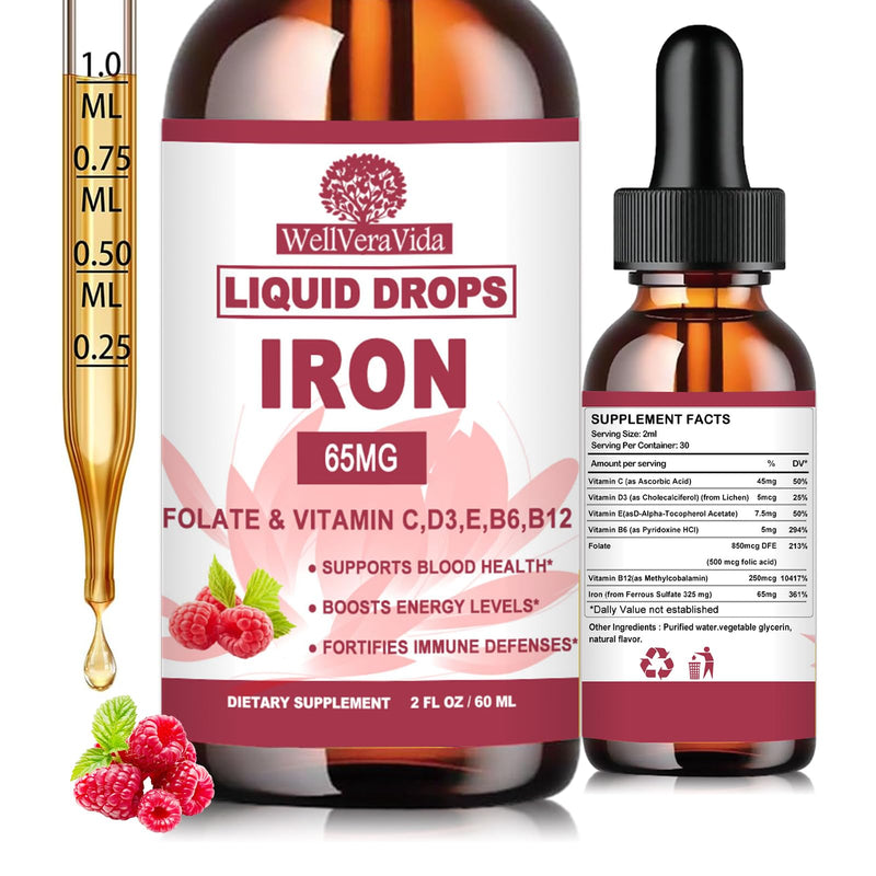 Iron Supplement for Women, Liquid Iron Drops 65mg w. Vitamin C & B Complex | Gentle Iron Drops for Iron Deficiency, Energy, Blood Health, Red Blood Cell Support, Gentle Digestion, Sugar-Free Raspberry