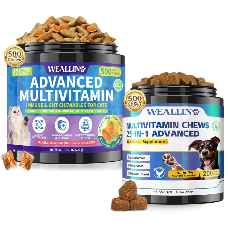 WEALLIN Cat & Dog Wellness Bundle, Taurine Cat Multivitamin Treats + 25-in-1 Dog Multivitamin Chews, Daily Nutrition, Immune Support, Digestion, Skin & Coat, Heart, Hip & Joint Care
