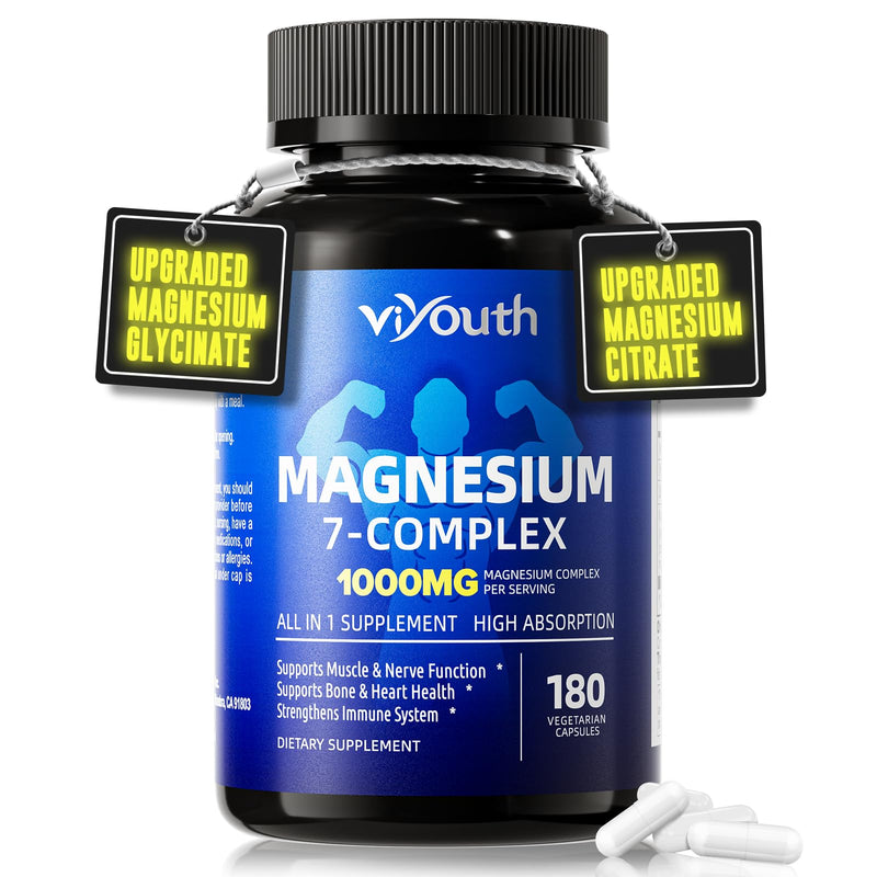 Magnesium 7 Complex Supplement Advanced for Sleep & Muscle, 180 Capsules | 7 Forms of Magnesium (Glycinate, Malate, Chelate, Aspartate, Orotate, Taurine, Citrate), Zinc, Vitamin D3 & Vitamin B6 180 Count (Pack of 1)