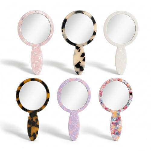 RattanView 6 Pcs Tortoise Shell Small Handheld Hand Mirror Compact Travel Makeup Mirror Personal Portable Vanity Glass for Travel Makeup Camping Daily Gifts