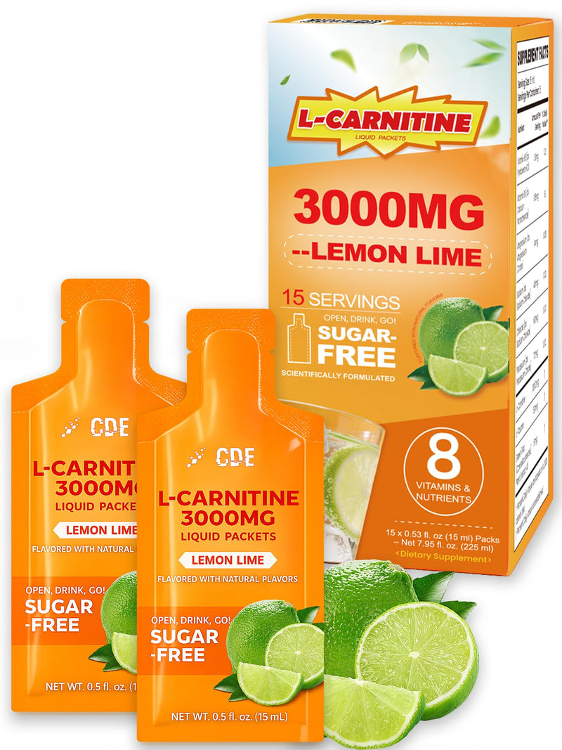 CDE Liquid L-Carnitine 3000mg Packets with Vitamin B5 B6 & Electrolytes - On-the-Go Travel Pouches for Pre-Workout Energy & Fat Metabolism - Fat Burner Formula, Sugar Free｜Lemon-Lime Flavor, 15 Count 0.51 Fl Oz (Pack of 15)