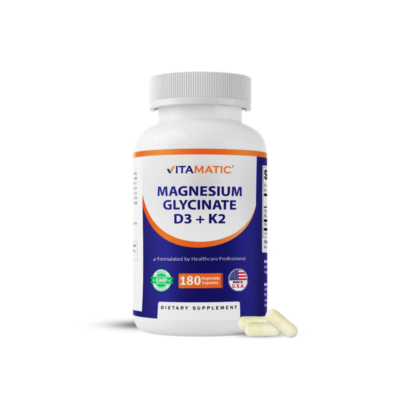 Vitamatic Magnesium Glycinate 200 mg (Elemental) with Vitamin D3 5000 IU & K2 200 mcg – High Absorption Bone, Muscle & Heart Support – 180 Veg Capsules – Non-GMO – Made in USA