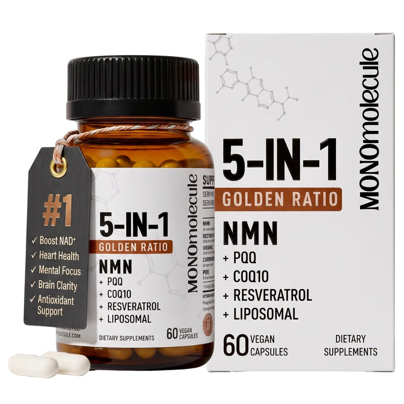 Liposomal NMN + CoQ10 + PQQ + Resveratrol + Vitamin C | 5-In-1 NAD+ Supplement | 99.9% Purity & 10x Absorption | Sustained Energy, Heart & Brain Support, Antioxidant & Longevity | 60 Vegan Caps