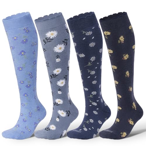 LEVSOX Cotton Compression Socks for Women Men 20-30 mmHg Knee High Cute Support Sock for Nurses Flying Pregnancy Small-Medium 4 Pairs-Floral