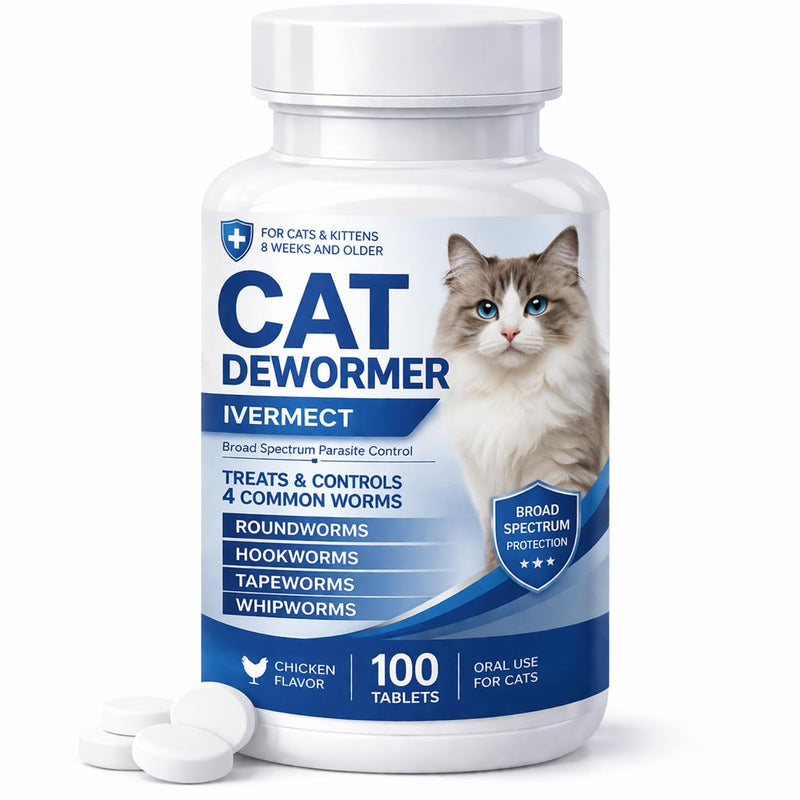 Cat Dewormer, Dewormer for Cats & Kittens, Broad Spectrum Tablets for Tapeworms, Roundworms & Hookworms, Promotes Digestive Comfort & Daily Balance, 100 Tablets