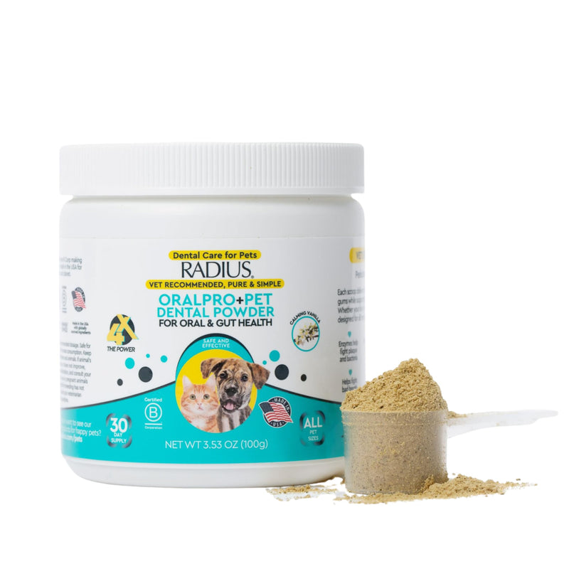 Radius OralPro+ Pet Dental and Gut Powder - Enzyme-Powered Dog and Cat Plaque and Tartar Remover - Natural Vanilla Daily Meal Topper for Fresher Breath & Digestive Balance - 3.5 Oz, Scoop Included