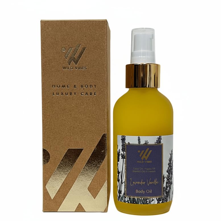 Wild Vibes Lavender Vanilla Body & Massage Oil - Hydrating Jojoba, Papaya and Shea Nut Oils, Vitamin E, Lupine Seed Extract for Collagen Production – Nourishing Oil for All Skin Types 4oz