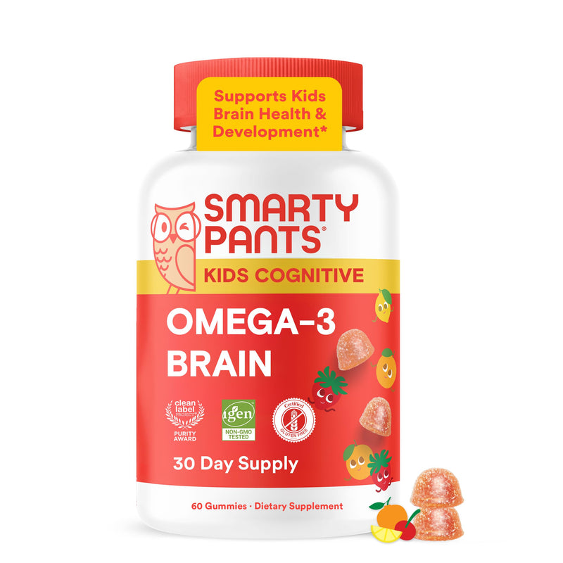 SmartyPants Kids Vitamins Cognitive Omega-3 Brain Gummies with DHA & EPA, Citrus Strawberry, 60 Count (30 Day Supply)