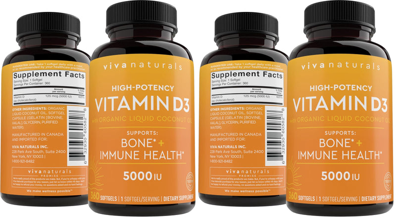 Viva Naturals Vitamin D3 5000 IU Softgels, Supports Bone & Immune Health, High Potency Vitamin D, 360 Count (125 mcg), (Pack of 2) 360 Count (Pack of 2)