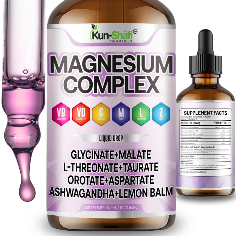 Magnesium Complex Liquid Drops – High Absorption Magnesium Glycinate, Malate, L-Threonate, Taurate with Ashwagandha & Lemon Balm – Vitamin C B1 B2 B6 B12 Complex – 2 Fl Oz(60 ml)