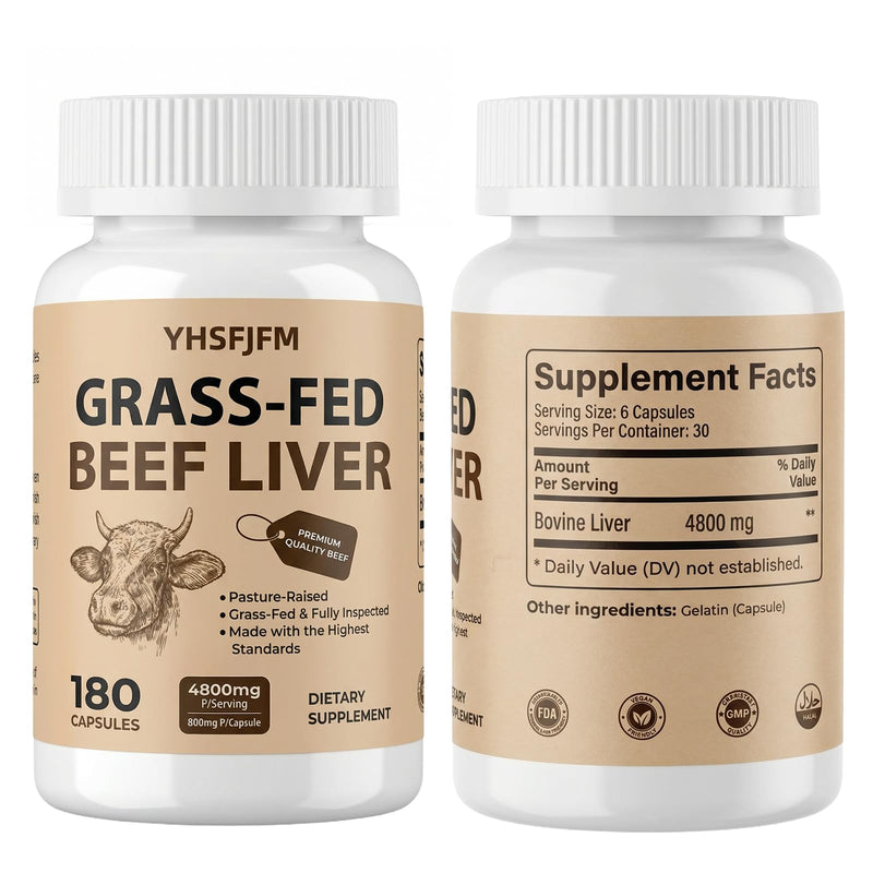 Premium Grass-Fed Beef Liver Capsules 4800mg - 180 Count | Pasture Raised, Fully Inspected | Natural Iron, Vitamin A, B12 for Energy & Immune Support | Dietary Supplement 30 Days Supply