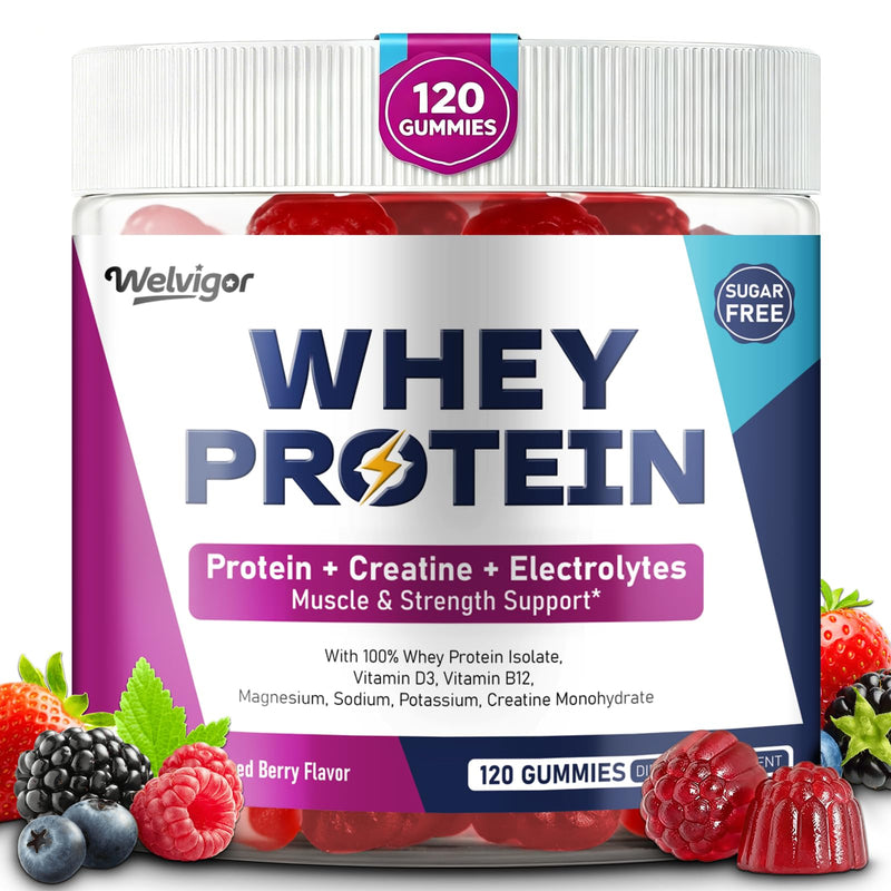 3-in-1 Whey Protein Gummies: 10g Isolate, Creatine & Electrolytes | Power, Recovery, Hydration, 0 Sugar Keto Pre Post Workout for Men & Women, Energy Boost On-the-Go Fitness, 120 Count