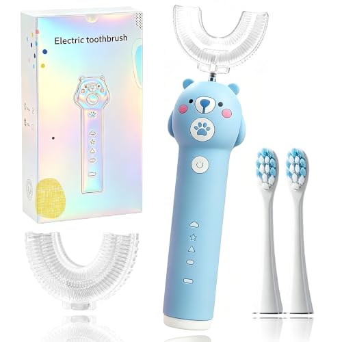 Kids Electric Toothbrush, with 4 Cleaning Modes, with 4 Brush Heads, Toddler U Shaped Toothbrush with 2 Soft Brush Head，Cartoon Bear 360-Degree Cleaning IPX7 Waterproof Design (Ages 2-16) Blue