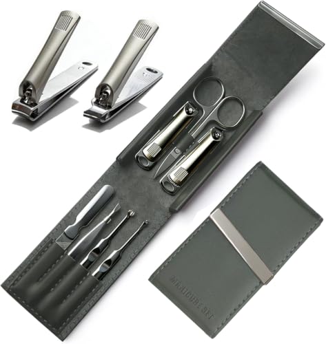 7-Piece Precision Men’s Nail Grooming Travel Kit, Stainless Steel Manicure Set with Fingernail & Toenail Clippers, Nail File, Slant Tip Tweezers, Cuticle Scissors, Exquisite Leather Case(Grey) Grey