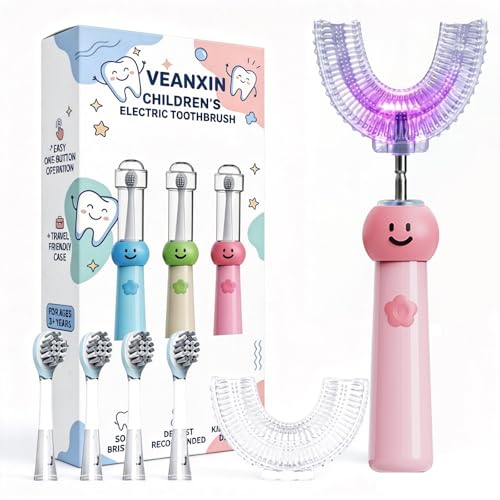 Kids U-Shaped Electric Toothbrush with 6 Brush Heads, Automatic 360° Sonic Cleaning, 3 Modes, IPX7 Waterproof, Cute Cartoon Design, Ages 6-12 (Pink) Pink