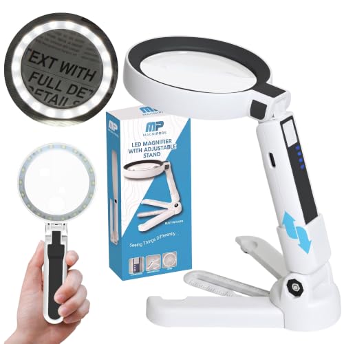 5X/10X Large 4.5" Magnifying Glass with Light & Detachable Stand Black