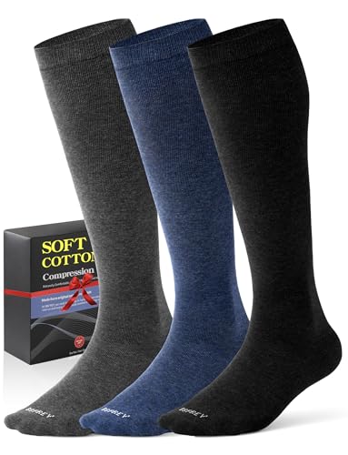 Men's Cotton Compression Socks 20-30 mmHg (3 Pairs) - Knee High Support for Circulation, Travel, Flying, Dress Medium-Large 3 Pairs - Classic Dark