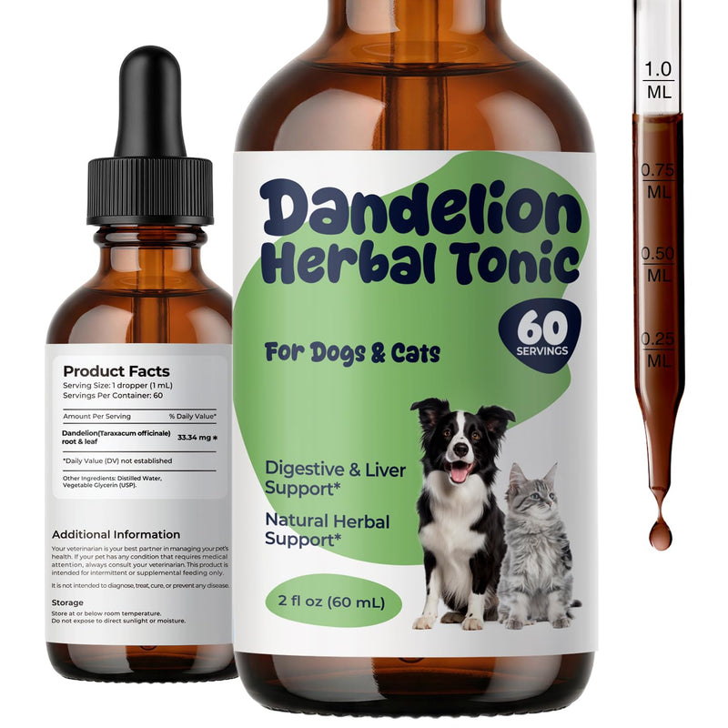 Dandelion Extract Drops for Dogs & Cats – Root & Leaf Herbal Support for Liver, Digestion & Fluid Balance, Daily Internal Balance Support, Liquid Pet Supplement, 2 fl oz