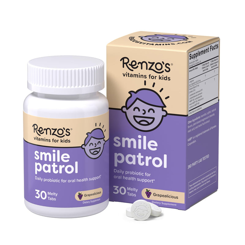 Renzo's Smile Patrol Oral Probiotics for Kids, Dissolvable Tabs, 30-Count | 4 Probiotic Strains & L-Arginine, Healthy Teeth & Gums, Oral Health Supplement, Sugar-Free, Grape Flavor, 1-Month Supply Smile Patrol Grape
