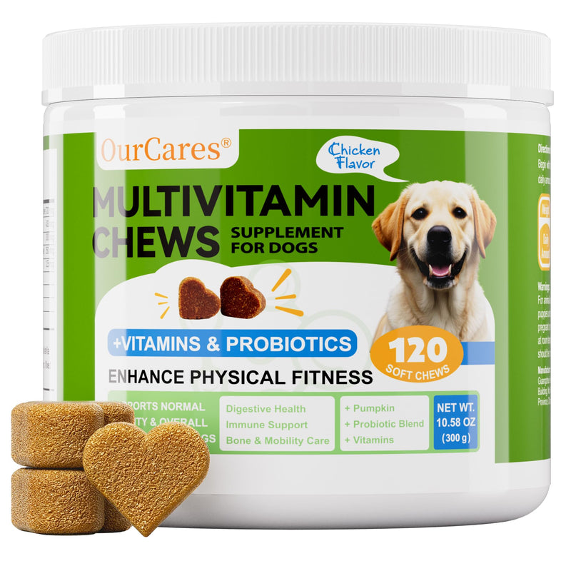 Dog Multivitamin Chewable - Vitamins and Supplements - Dog Daily Vitamin with Glucosamine Probiotics Omega-3 for Coat Hip Joint Heart Digestive Immune Health Support, Chicken Flavor, 120Ct 120 count