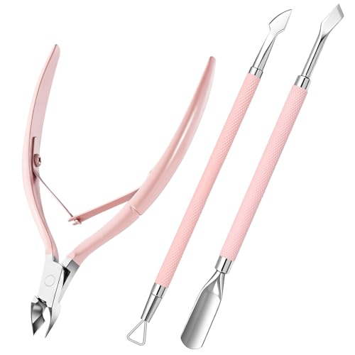 MelodySusie 3Pcs Cuticle Nipper, Pusher & Scraper Stainless Steel Set, Pink 3Pcs Cuticle Tools Set, Pink