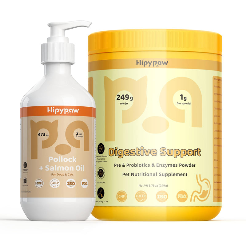Pet Omega 3 Fish Oil & Digestive Probiotics Bundle for Dogs Cats - Skin Coat Joint Heart Gut Health Supplement Set (16OZ Oil + 8.7oz Powder)