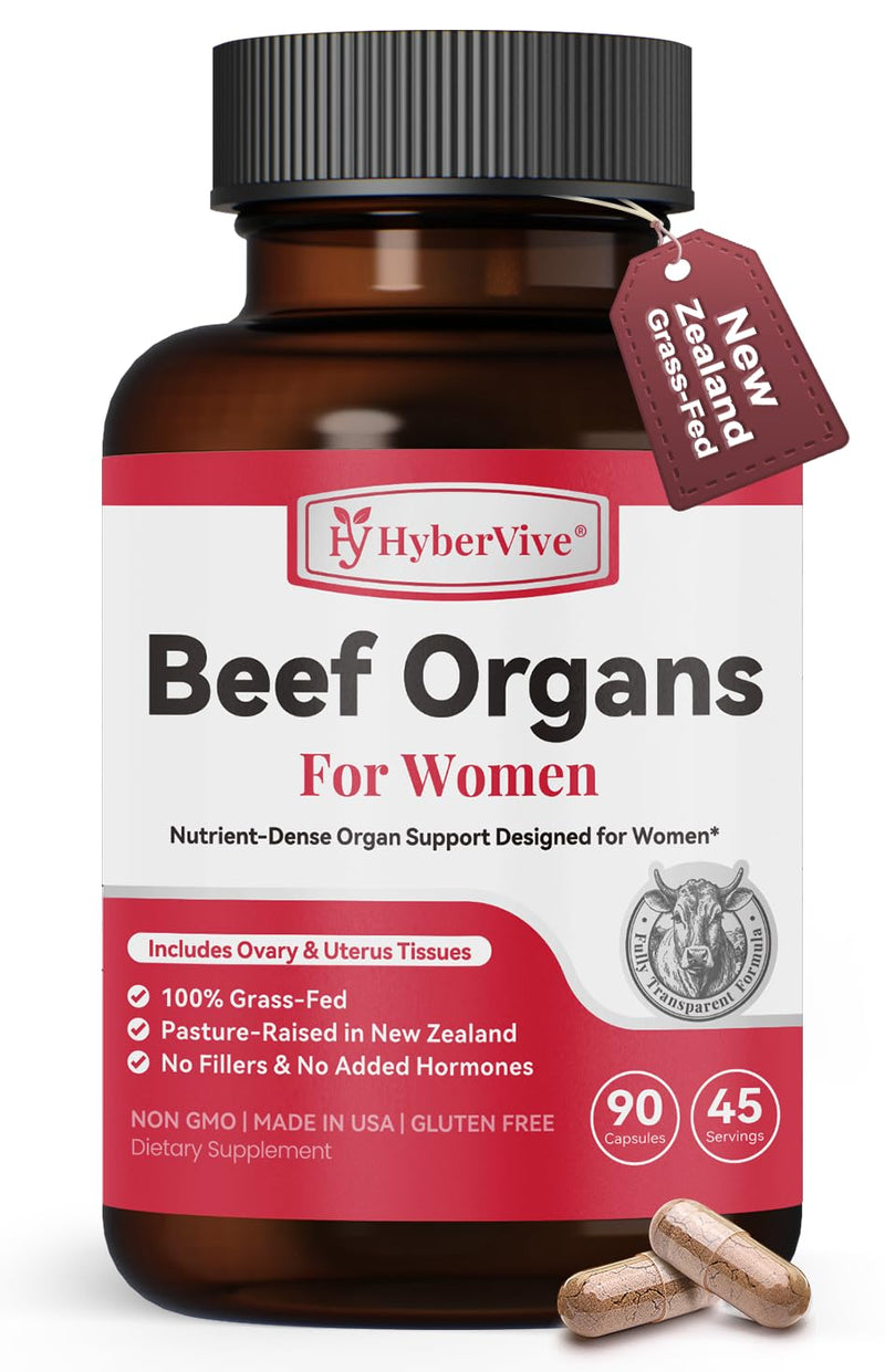 5-in-1 Beef Organ Supplement for Women, 1000mg, 90 Capsules | Grass-Fed Beef Liver Capsules with Ovary, Uterus, Kidney & Heart, New Zealand Beef Organs, Female Wellness & Energy Support