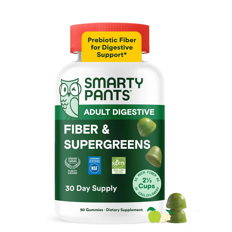 SmartyPants Fiber & Super Greens Gummies, Broccoli, Spinach, & Kale Blend to Support Gut Health, Prebiotic Fiber Gummies for Adults, Gluten Free, White Grape & Apple Flavor, 90 Count (30 Day Supply) Adult Supergreens
