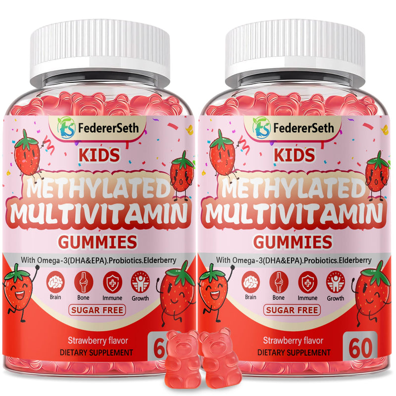 (2 Pack) Methylated Multivitamin Kids Gummies + Omega3, Methylfolate & B12, Calcium, Probiotics, Elderberry, for Kids & Teens, for Growth, Immune, Bone, Brain, Focus, No Sugar - 120 Count 60 Count (Pack of 2)