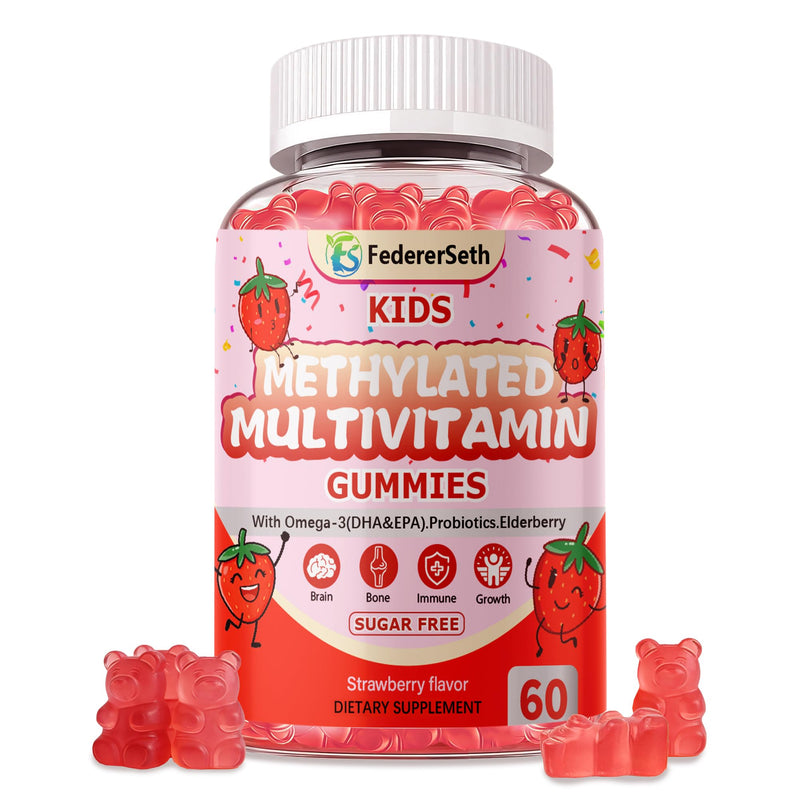 Kids Multivitamin Gummies for Picky Eaters, Methylated Multivitamin for Kids 4+ with Omega 3 DHA EPA, Methylfolate B12, Probiotics, Elderberry, Calcium D3 K2, 0g Sugar, Brain Immune Bone, 60 Ct 60 Count (Pack of 1)